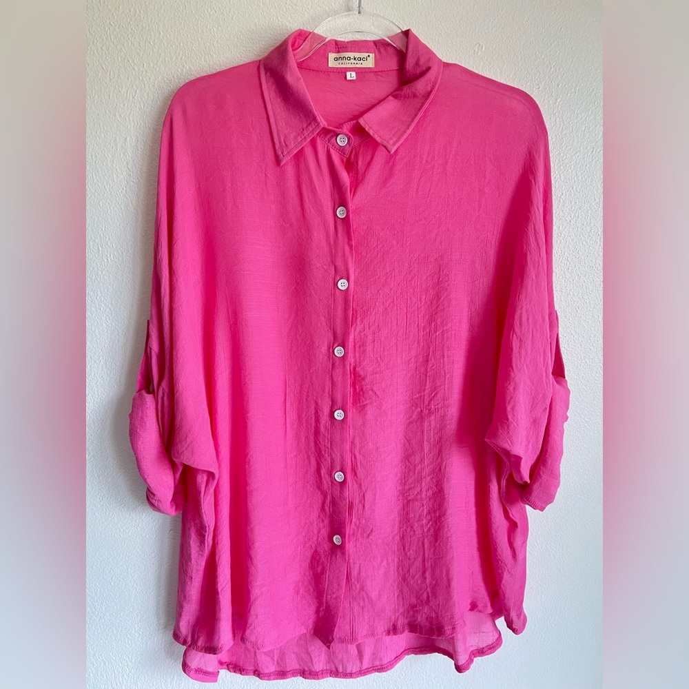 Anna-Kaci Roll Tab Sleeves Semi Sheer Button Down Pink Top Blouse Large